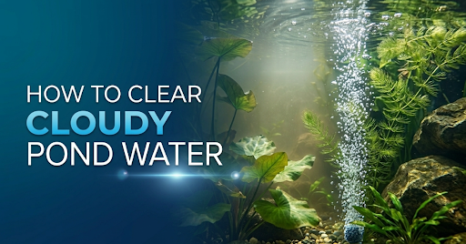 Cloudy pond water with aquatic plants and aeration bubbles demonstrating effective pond water clarification and healthy pond maintenance.