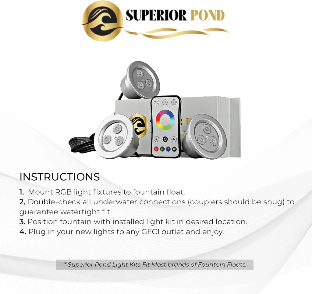 Superior Pond: Color Changing LED Fountain Lights | 3RGB9-100 | 9 Watt per Fixture RGB Fountain Light Kit | Color Changing LED Light Kit for Pond Fountain | 100ft Cord