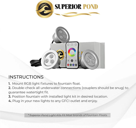 Superior Pond: Color Changing LED Fountain Lights | 3RGB9-100 | 9 Watt per Fixture RGB Fountain Light Kit | Color Changing LED Light Kit for Pond Fountain | 100ft Cord