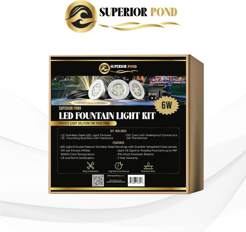 Load image into Gallery viewer, Superior Pond: WHITE LED Fountain Lights | 3LED6-100 | 3 - Fixture | 6-Watts Per Fixture | White LED Fountain Light Kit | 100ft Cord
