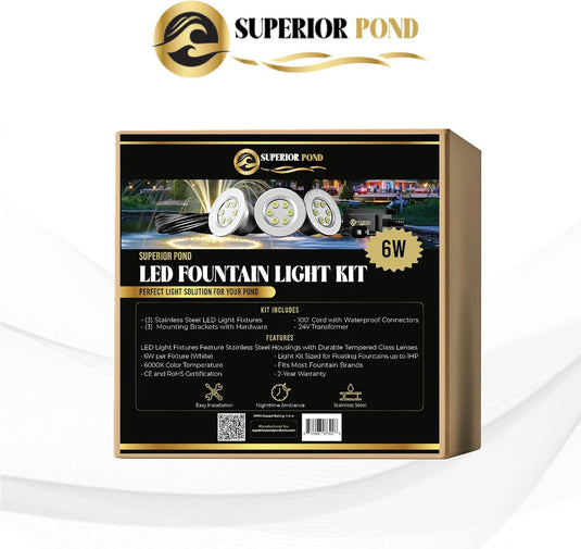 Superior Pond: WHITE LED Fountain Lights | 3LED6-100 | 3 - Fixture | 6-Watts Per Fixture | White LED Fountain Light Kit | 100ft Cord