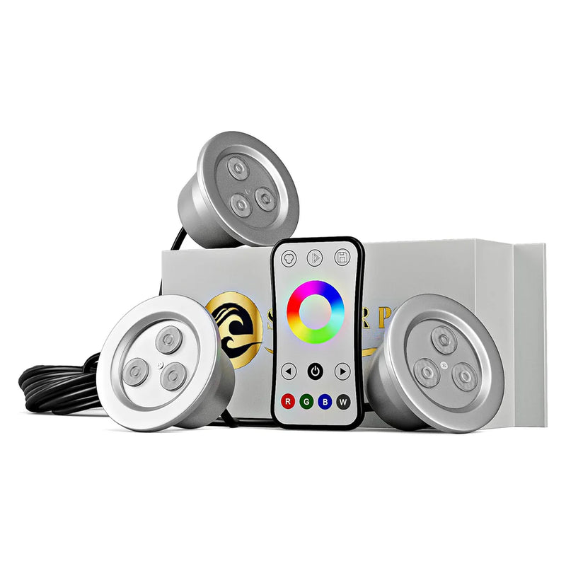 Load image into Gallery viewer, Superior Pond: Color Changing LED Fountain Lights | 3RGB9-100 | 9 Watt per Fixture RGB Fountain Light Kit | Color Changing LED Light Kit for Pond Fountain | 100ft Cord
