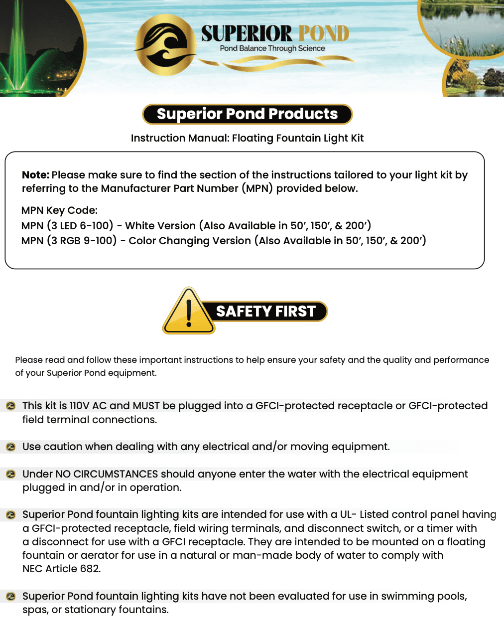 Superior Pond: WHITE LED Fountain Lights | 3LED6-100 | 3 - Fixture | 6-Watts Per Fixture | White LED Fountain Light Kit | 100ft Cord