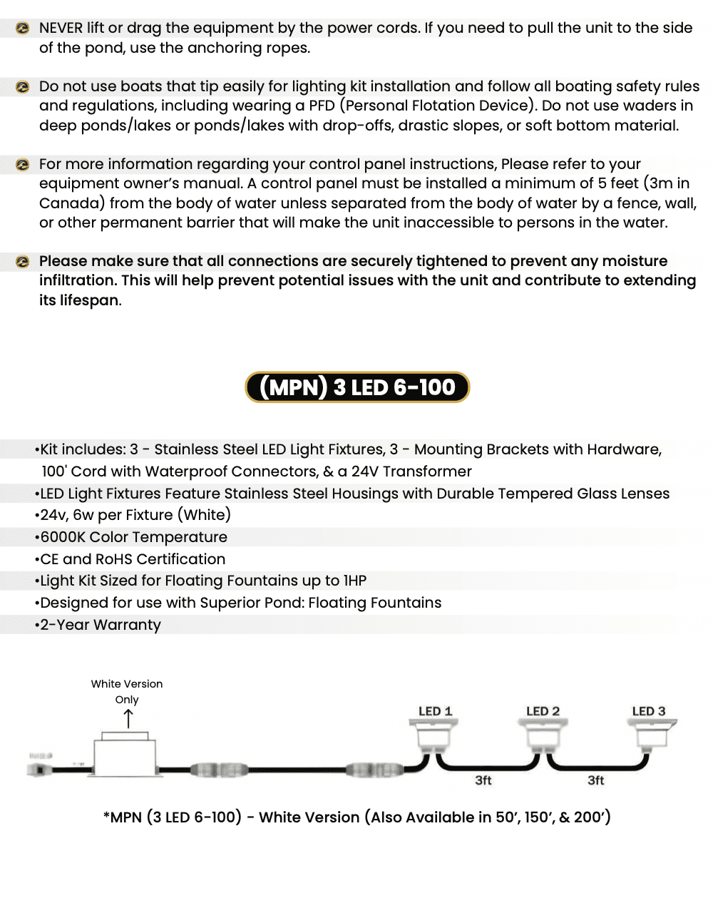Superior Pond: WHITE LED Fountain Lights | 3LED6-100 | 3 - Fixture | 6-Watts Per Fixture | White LED Fountain Light Kit | 100ft Cord