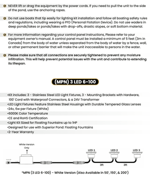 Superior Pond: WHITE LED Fountain Lights | 3LED6-100 | 3 - Fixture | 6-Watts Per Fixture | White LED Fountain Light Kit | 100ft Cord