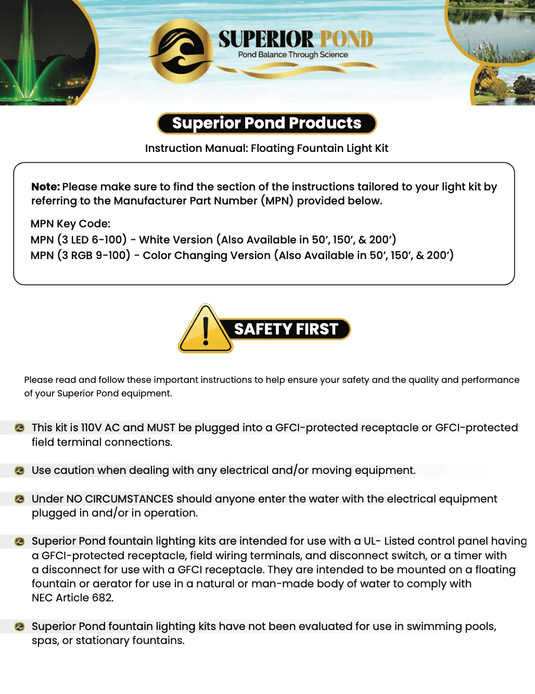 Superior Pond: Color Changing LED Fountain Lights | 3RGB9-100 | 9 Watt per Fixture RGB Fountain Light Kit | Color Changing LED Light Kit for Pond Fountain | 100ft Cord
