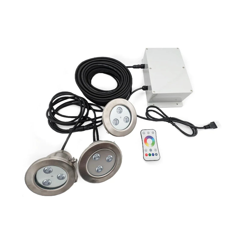 Load image into Gallery viewer, Superior Pond: Color Changing LED Fountain Lights | 3RGB9-100 | 9 Watt per Fixture RGB Fountain Light Kit | Color Changing LED Light Kit for Pond Fountain | 100ft Cord

