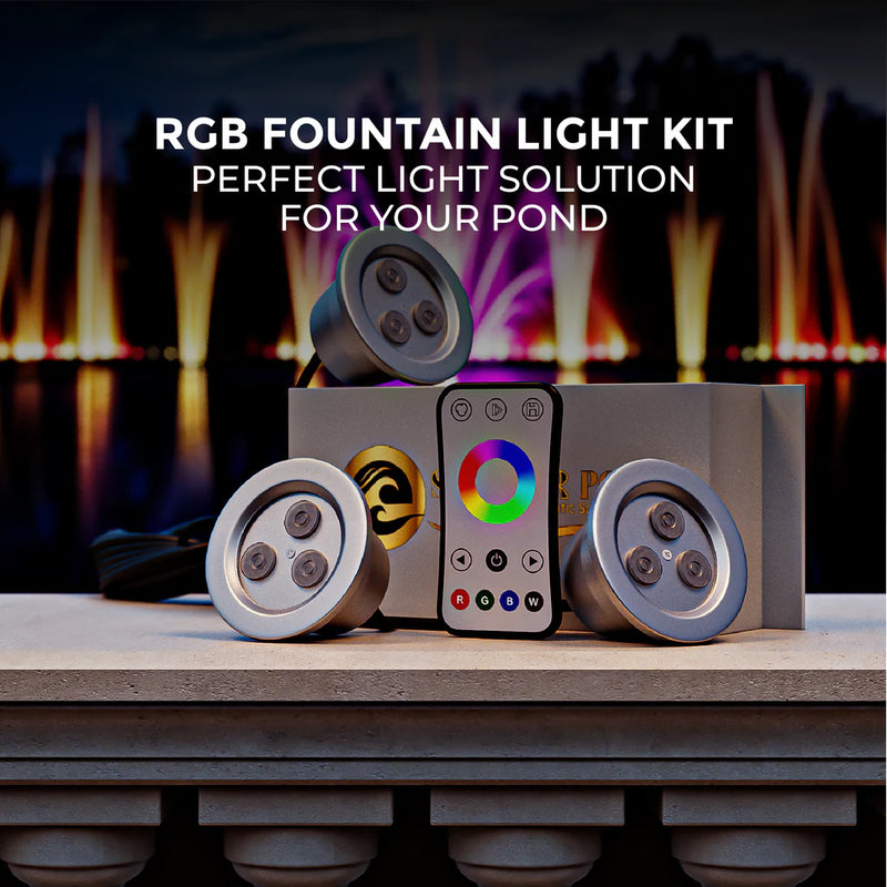 Load image into Gallery viewer, Superior Pond: Color Changing LED Fountain Lights | 3RGB9-100 | 9 Watt per Fixture RGB Fountain Light Kit | Color Changing LED Light Kit for Pond Fountain | 100ft Cord
